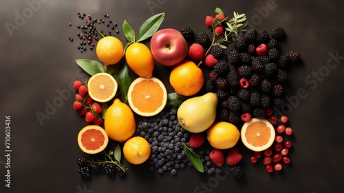 Product shopping mockup: fruit mix on a brown background: berries, kiwi, blueberries, oranges. Photo mockup, top view. Horizontal banking for web. Photo AI Generated