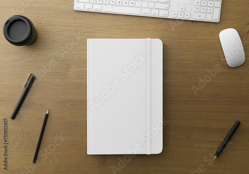 Notebook on Wood Table Top View