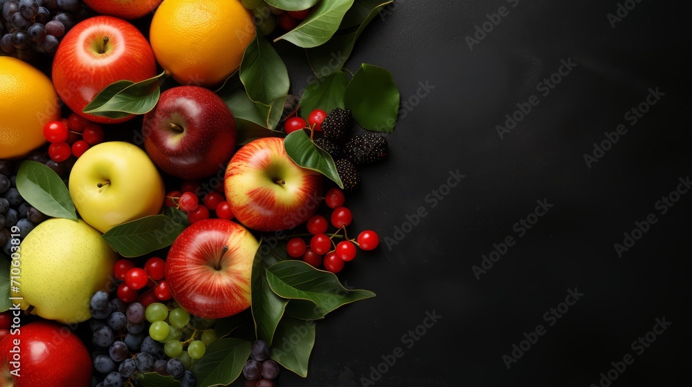 Fruit mix on a black background: pears, pomegranate, blackberry, lemon, raspberry. Photo mockup, top view. Horizontal banking for web. Photo AI Generated Fruit mix on a black background: pears, pomegranate, blackberry, lemon, raspberry. Photo mockup, top view. Horizontal banking for web. Photo AI Generated