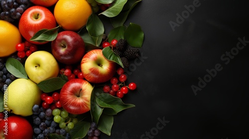 Fruit mix on a black background  pears  pomegranate  blackberry  lemon  raspberry. Photo mockup  top view. Horizontal banking for web. Photo AI Generated