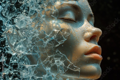 Face made of broken glass pieces. Woman's face covered with broken glass. Glass pieces forming a face. Glass Face. Shattered Elegance. Woman's Face Formed by Broken Glass Pieces