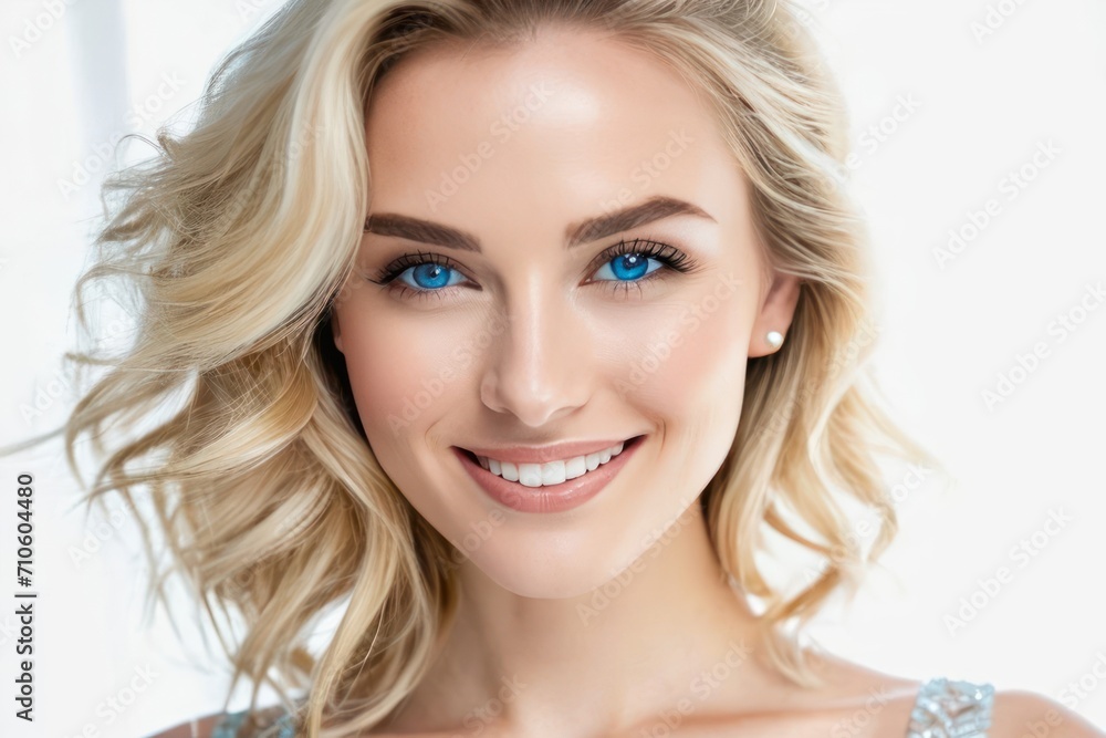 Portrait pretty blond model smiling woman with blue eyes, white teeth, healthy long hair and beauty skin. Concept of studio shot of advertising a dentist and facial care. Generative AI Portrait pretty blond model smiling woman with blue eyes, white teeth, healthy long hair and beauty skin. Concept of studio shot of advertising a dentist and facial care. Generative AI