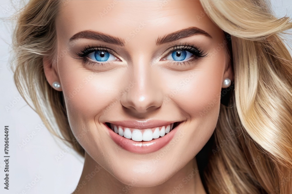 Portrait pretty blond model smiling woman with blue eyes, white teeth, healthy long hair and beauty skin. Concept of studio shot of advertising a dentist and facial care. Generative AI Portrait pretty blond model smiling woman with blue eyes, white teeth, healthy long hair and beauty skin. Concept of studio shot of advertising a dentist and facial care. Generative AI