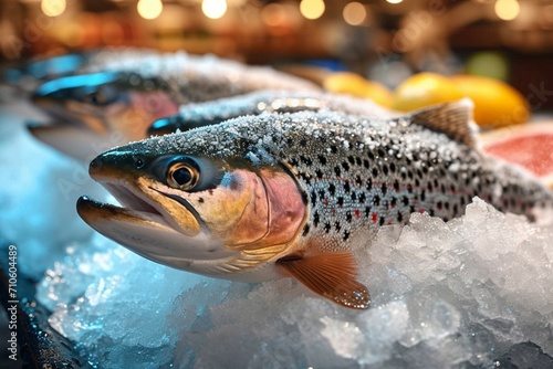 Frozen trout fish in icy display at a shop store