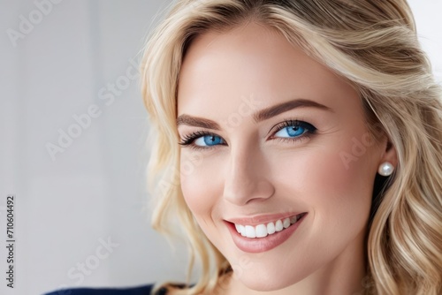 Portrait pretty blond model smiling woman with blue eyes, white teeth, healthy long hair and beauty skin. Concept of studio shot of advertising a dentist and facial care. Generative AI