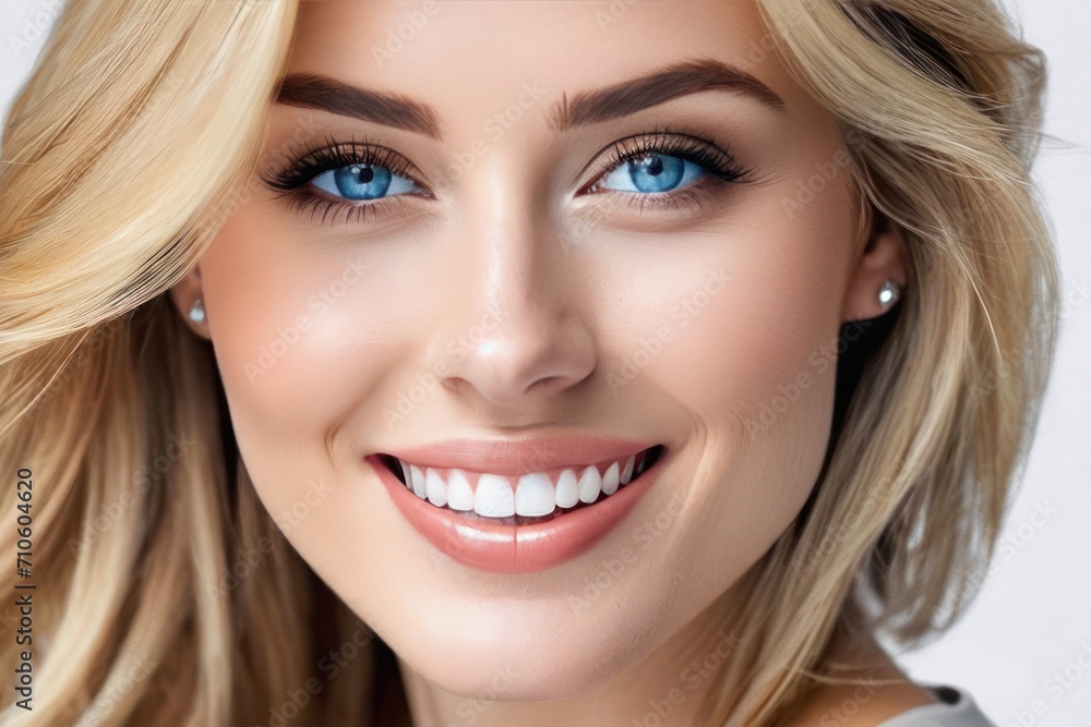 Portrait pretty blond model smiling woman with blue eyes, white teeth, healthy long hair and beauty skin. Concept of studio shot of advertising a dentist and facial care. Generative AI Portrait pretty blond model smiling woman with blue eyes, white teeth, healthy long hair and beauty skin. Concept of studio shot of advertising a dentist and facial care. Generative AI
