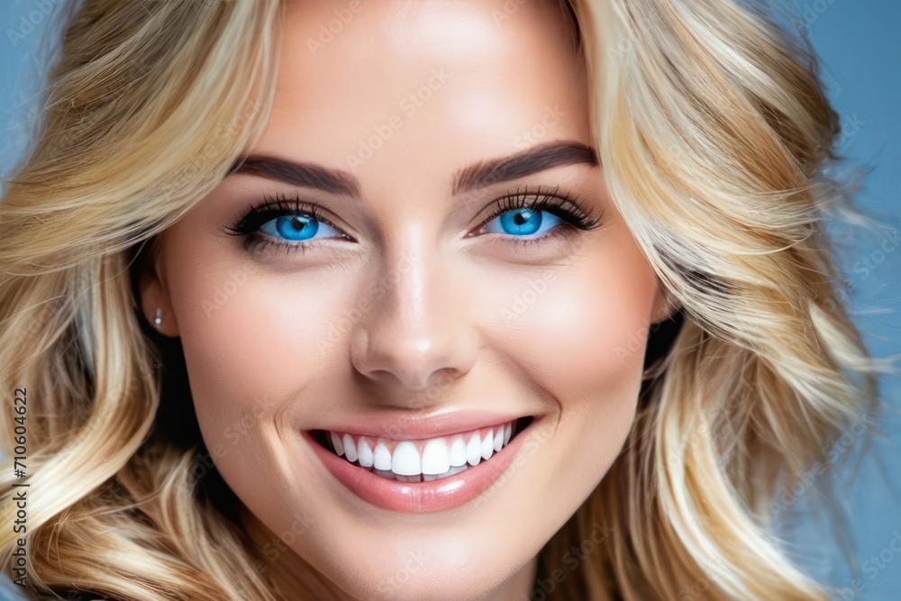 Portrait pretty blond model smiling woman with blue eyes, white teeth, healthy long hair and beauty skin. Concept of studio shot of advertising a dentist and facial care. Generative AI Portrait pretty blond model smiling woman with blue eyes, white teeth, healthy long hair and beauty skin. Concept of studio shot of advertising a dentist and facial care. Generative AI