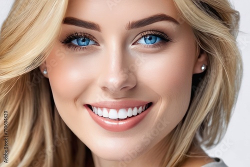 Portrait pretty blond model smiling woman with blue eyes, white teeth, healthy long hair and beauty skin. Concept of studio shot of advertising a dentist and facial care. Generative AI