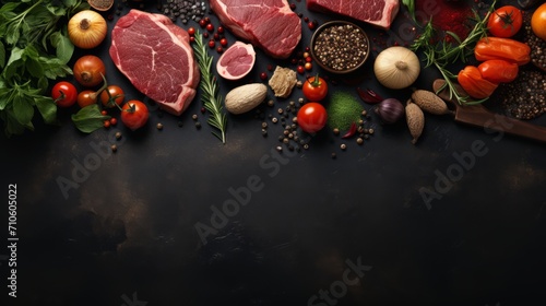 Product concept on a black background: rosemary, tomatoes, onions, basil, red meat, spices. Photo mockup, top view. Horizontal banking for web. Photo AI Generated