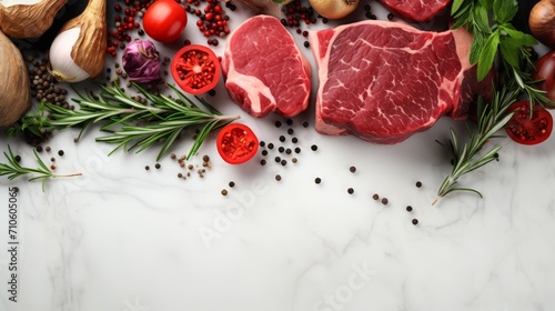 Product concept on a white marble background: rosemary, red meat, tomatoes, spices. Photo mockup, top view. Horizontal banking for web. Photo AI Generated