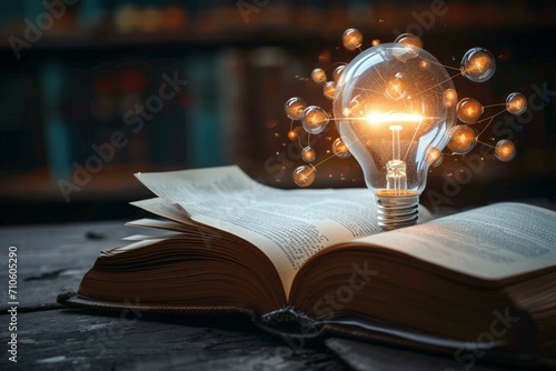 Conceptual brilliance Light bulbs and books signify knowledge and creativity photo