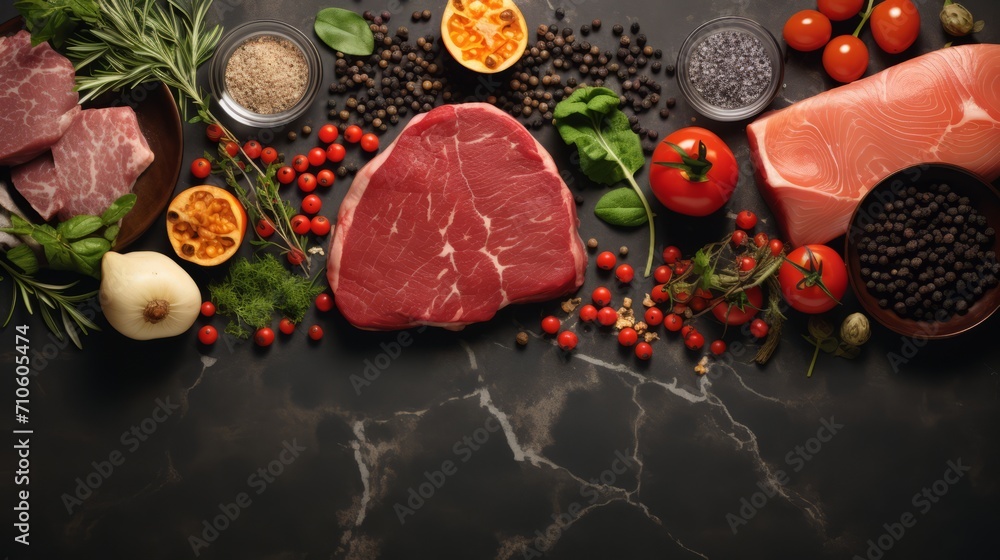 Product concept, marble background: rosemary, onions, red meat, tomatoes, spices. Photo mockup, top view. Horizontal banking for web. Photo AI Generated Product concept, marble background: rosemary, onions, red meat, tomatoes, spices. Photo mockup, top view. Horizontal banking for web. Photo AI Generated
