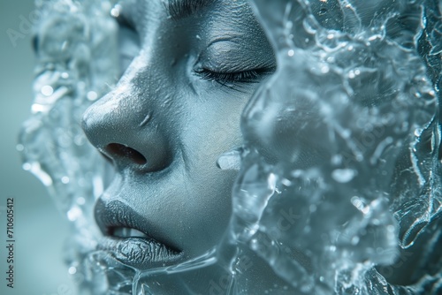 The Frozen Face. Face of Ice, cold and icicles. Face Sculpted from Ice and Frost.