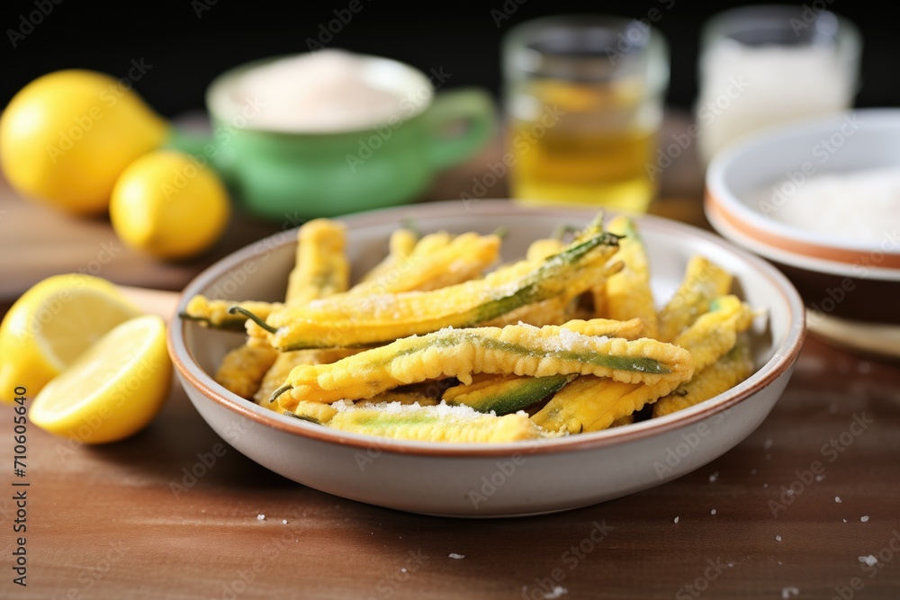 whole tempura okra displayed with a lemon slice whole tempura okra displayed with a lemon slice