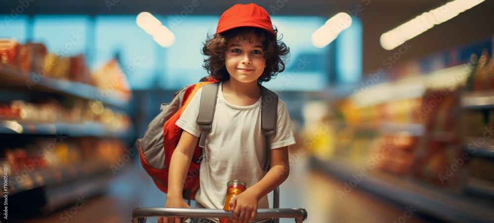Curly boy in a red cap with a backpack and a basket in a supermarket between grocery rows. Horizontal banking for web. Photo AI Generated Curly boy in a red cap with a backpack and a basket in a supermarket between grocery rows. Horizontal banking for web. Photo AI Generated