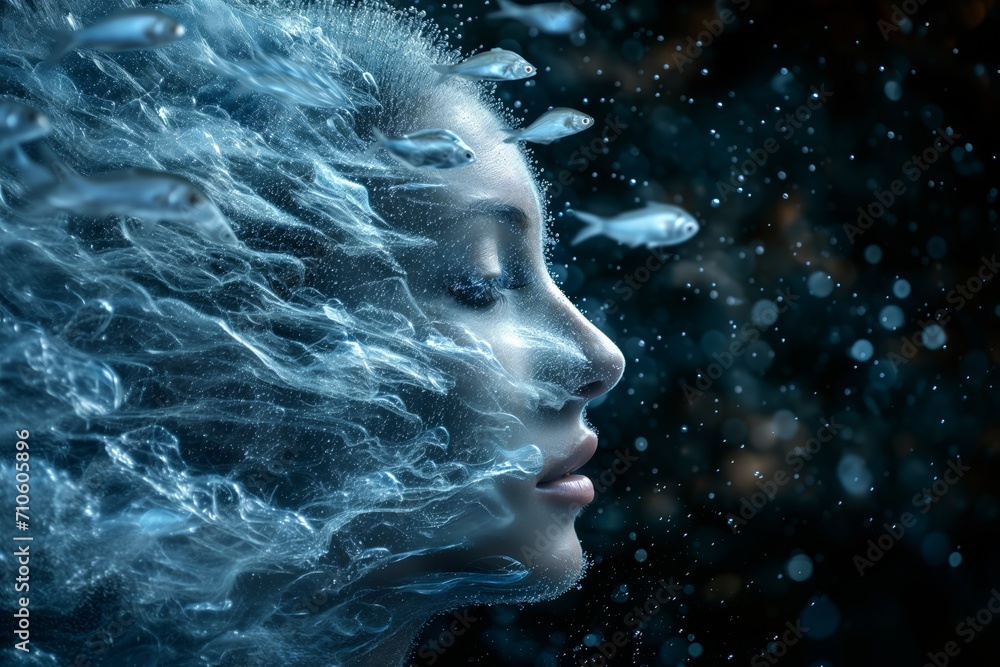 Abstract Woman's Face and underwater fish. Abstract Woman's Face and underwater fish.