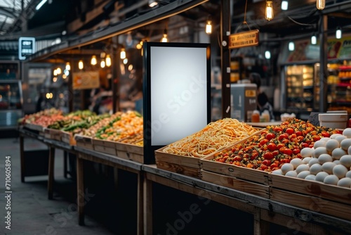 Brand presence Mock up poster or signboard on a blurred food market