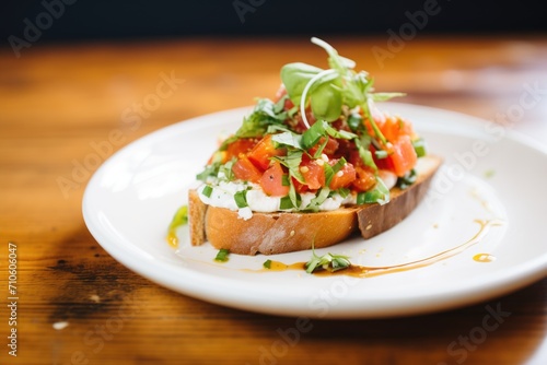 close-up of bruschetta with a dollop of ricotta cheese and basil strand on top