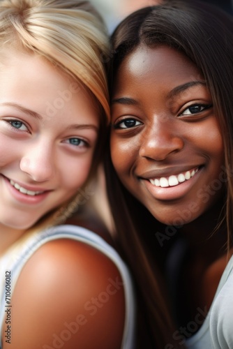 closeup of a young woman smiling at the camera with her arm around a friend