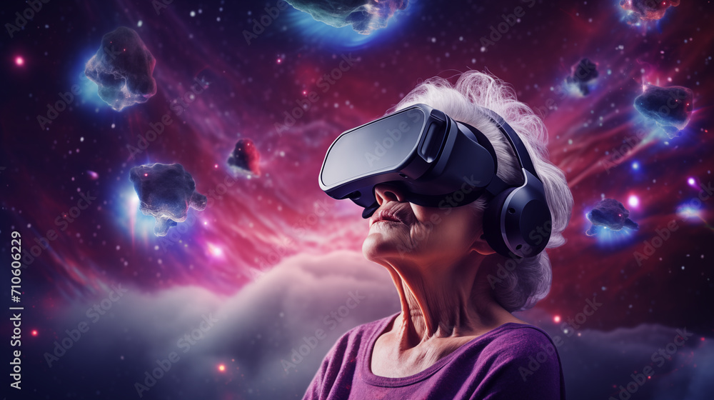 An elderly woman in a virtual reality mask realizes her childhood dreams and sees pictures of space.
