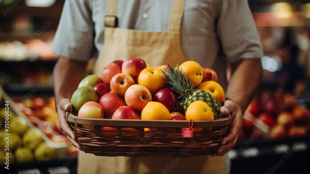 A seller with a basket of fruits in a supermarket: pineapple, apples, citrus fruits. Male hands hold Product cart. Horizontal banking for web. Photo AI Generated