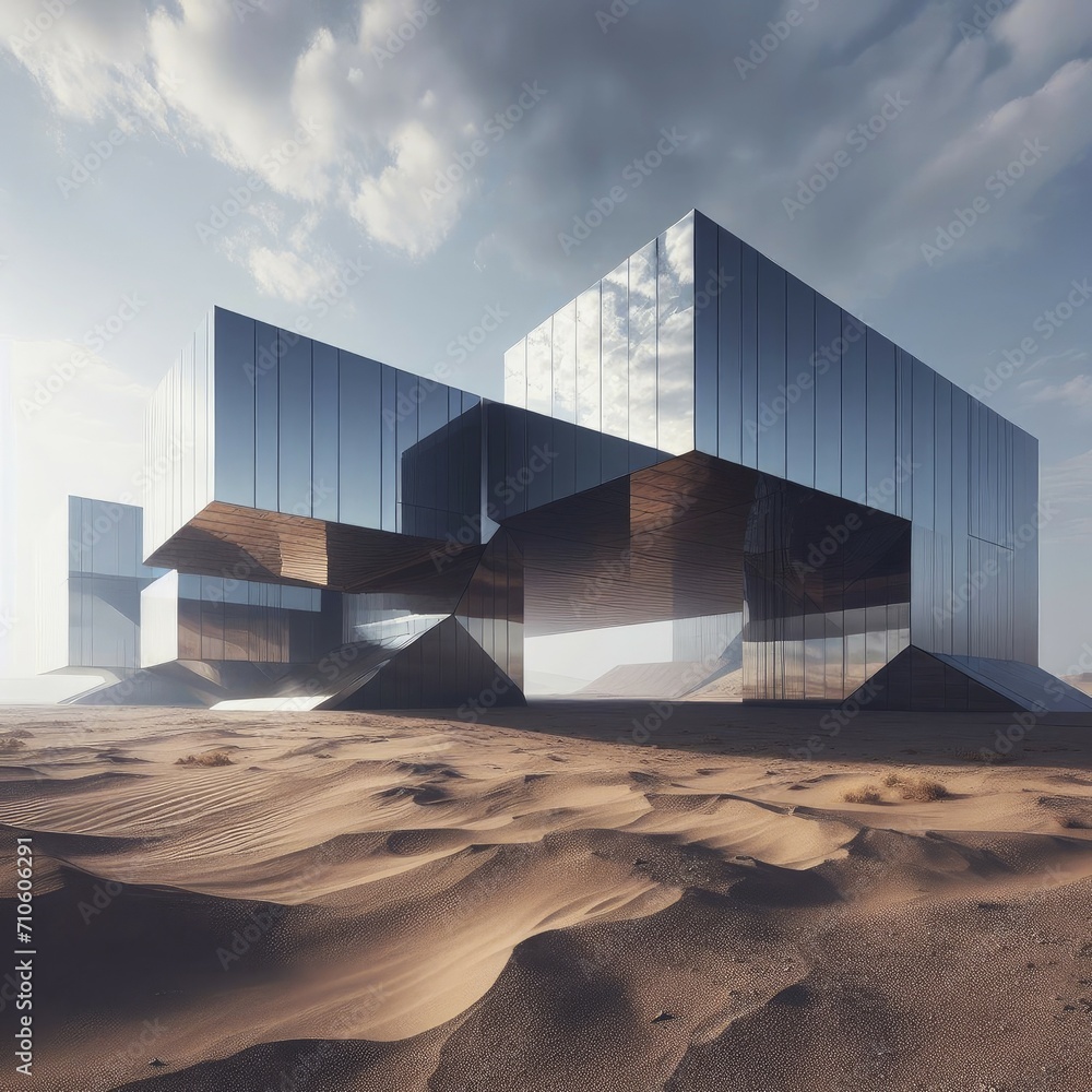 Glass Mirror building in Vast Desert Thar Sahara Dubai Saudi UAE ...