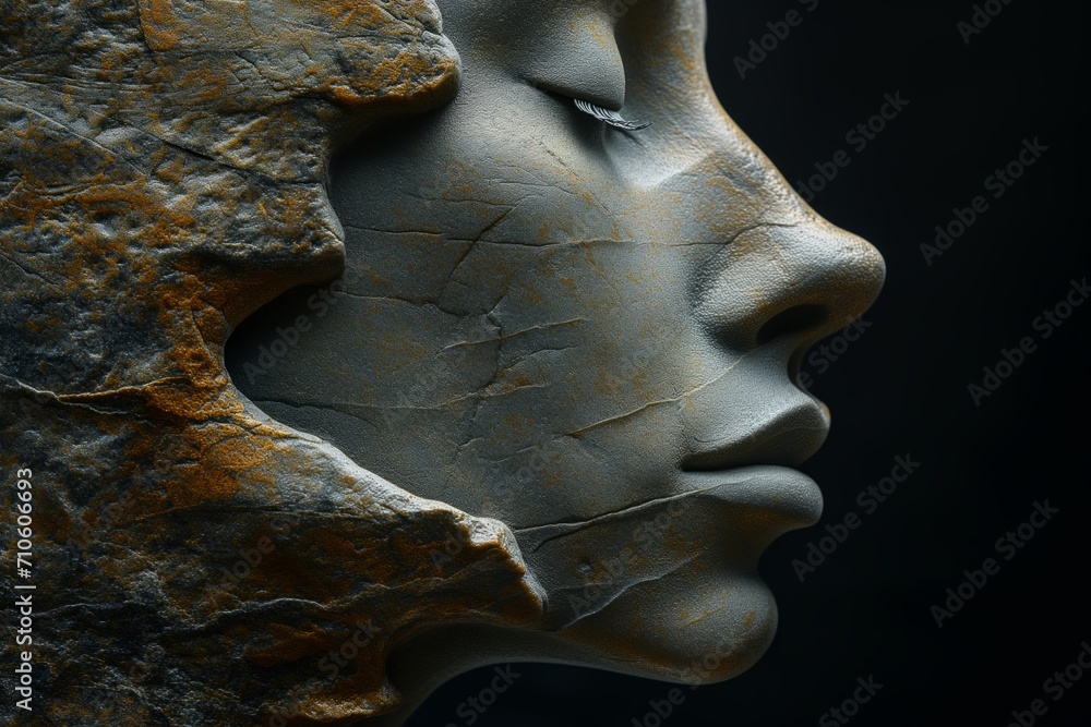Stone carved as a woman's face. Stone serenity. Carved beauty.