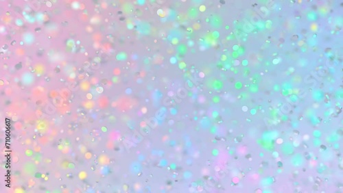 Modern beautiful colorful magic video loop background. Round shiny particles on an iridescent surface. Trendy design of webpunk and vaporwave.Rainbow and holographic colors. 3d render.