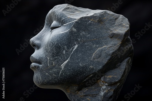 Stone carved as a woman's face. Stone serenity. Carved beauty. photo