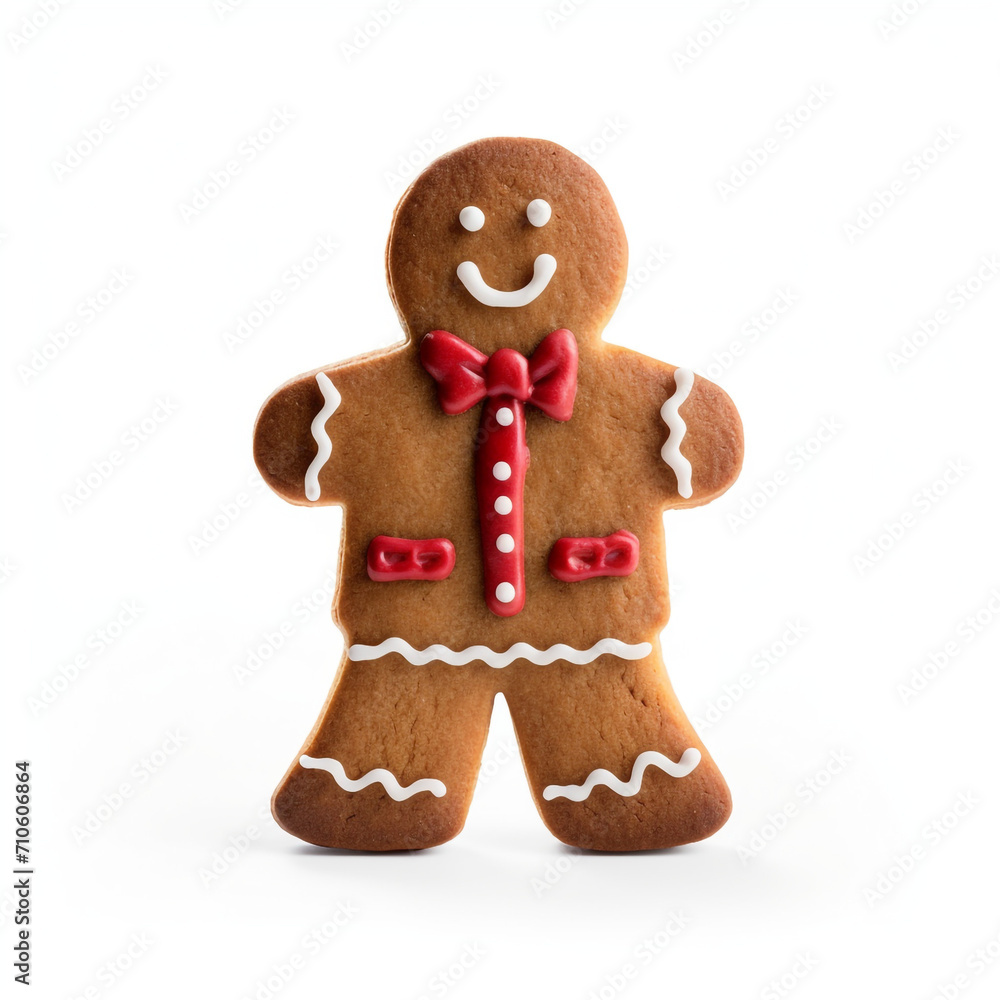 front view of a standing ginger man christmas cookies with red dressing on a isolated white background created with Generative Ai front view of a standing ginger man christmas cookies with red dressing on a isolated white background created with Generative Ai