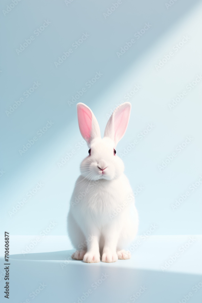 White rabbit on a light blue pastel background.Minimal concept.
