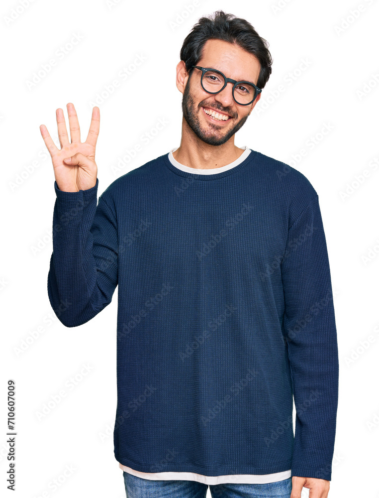 Young hispanic man wearing casual clothes and glasses showing and pointing up with fingers number four while smiling confident and happy. Young hispanic man wearing casual clothes and glasses showing and pointing up with fingers number four while smiling confident and happy.