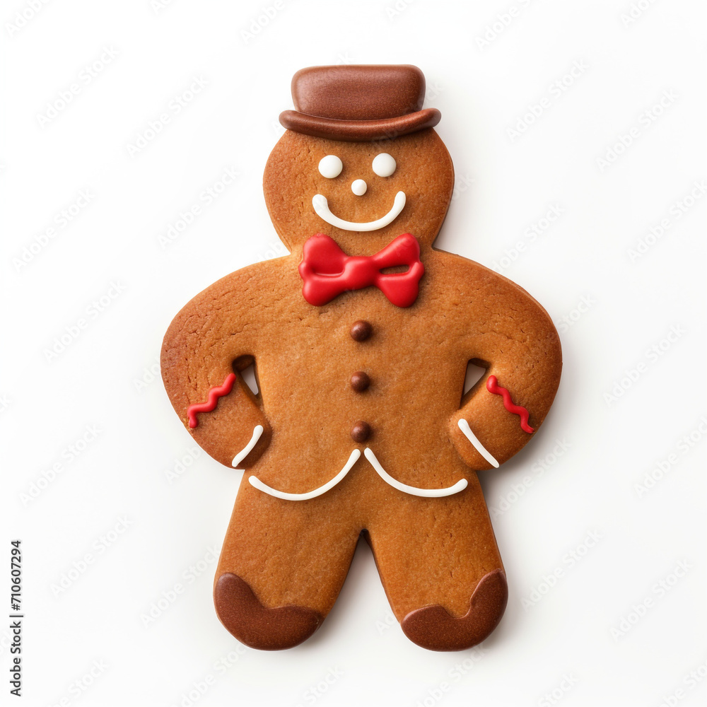front view of a standing ginger man christmas cookies with red dressing on a isolated white background created with Generative Ai front view of a standing ginger man christmas cookies with red dressing on a isolated white background created with Generative Ai