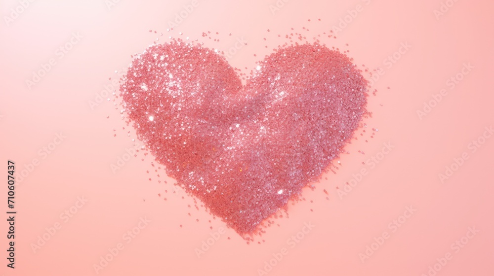 Sparkling heart shape created with glitter on pink background. Love and Valentine's Day.