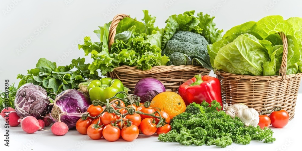Fresh organic vegetables and fruits in a basket on white background Fresh organic vegetables and fruits in a basket on white background