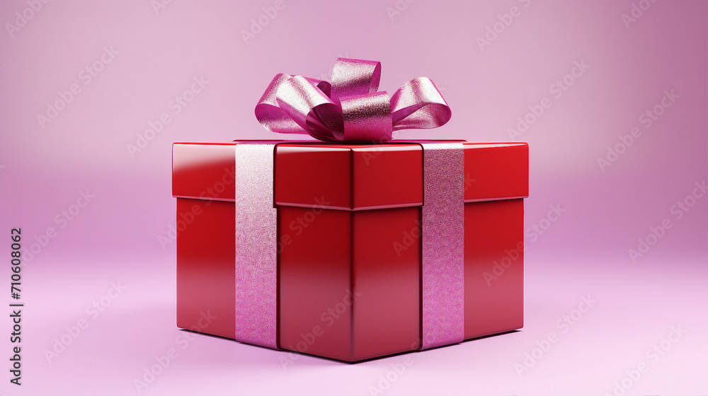 Festive Surprise: Shiny Red Box with Silver Bow on Lilac Background, Perfect for Christmas, Birthdays, and Special Occasions, Copy Space Included!