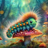 a hyper-realistic image of a fuzzy and cute psychedelic caterpillar sitting atop a mushroom. Infuse vibrant and surreal colors into the scene, ensuring that the caterpillar's fuzziness and the mushroo