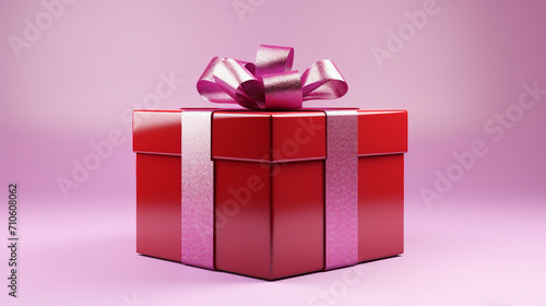 Festive Surprise: Shiny Red Box with Silver Bow on Lilac Background, Perfect for Christmas, Birthdays, and Special Occasions, Copy Space Included! © sunanta