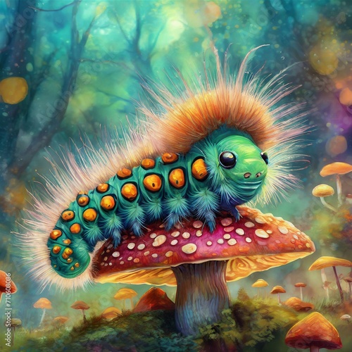 a hyper-realistic image of a fuzzy and cute psychedelic caterpillar sitting atop a mushroom. Infuse vibrant and surreal colors into the scene, ensuring that the caterpillar's fuzziness and the mushroo