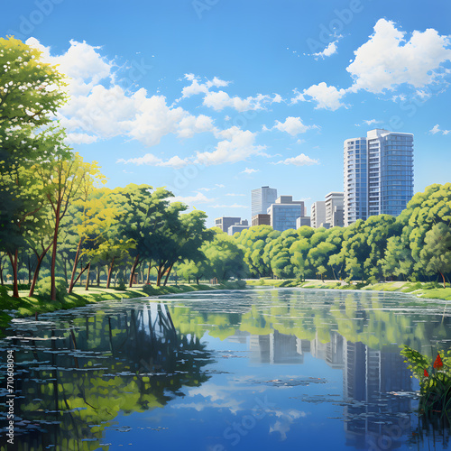 A green and blue landscape with trees and buildings by the water