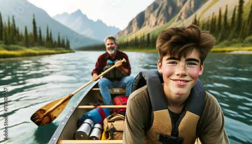 A father and son on a camping canoe trip in Alaska on a river