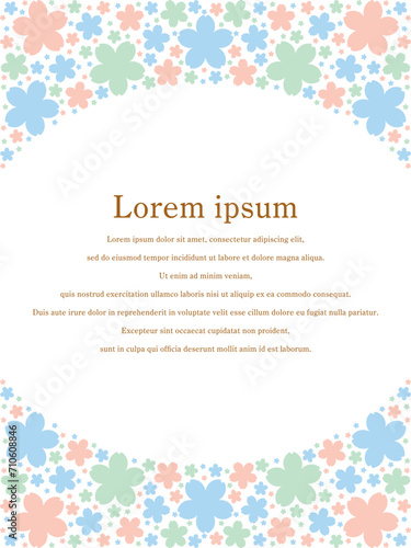 桜シルエットで上下が埋め尽くされた楕円フレームの縦イラスト（オレンジ・緑・水色）