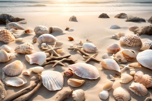 A tranquil beach adorned with scattered seashells and driftwood, inviting for a serene afternoon stroll.