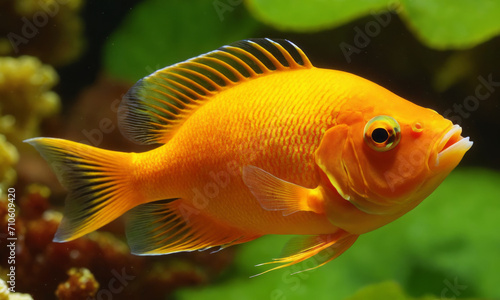 A bright orange Midas Cichlid fish swimming gracefully in a freshwater aquarium