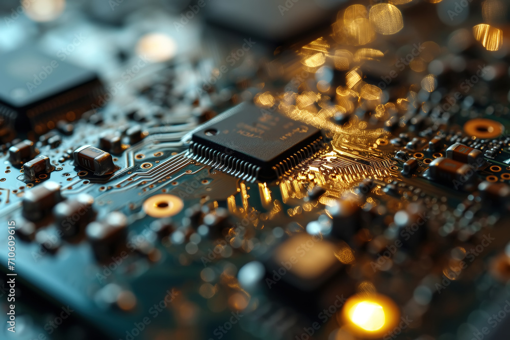 Microprocessors and microchips macro. Modern motherboard close-up, high-tech theme Microprocessors and microchips macro. Modern motherboard close-up, high-tech theme