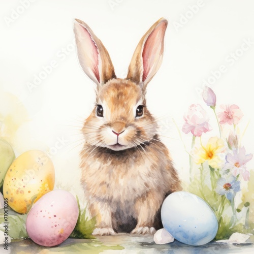 The rabbit is cute with Easter eggs.