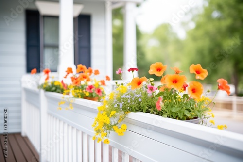 Wallpaper Mural flower boxes on farmhouse porch railings, bright blooms visible Torontodigital.ca