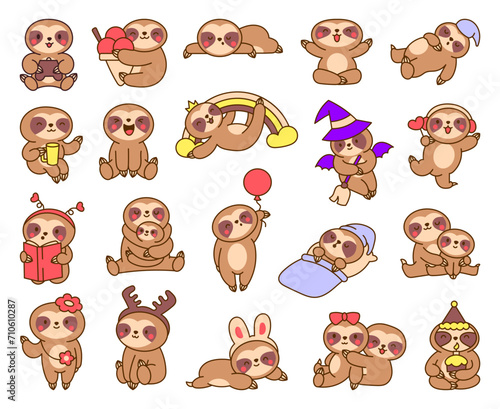 Cute kawaii baby sloth. Cartoon funny animal character. Hand drawn style. Vector drawing. Collection of design elements.