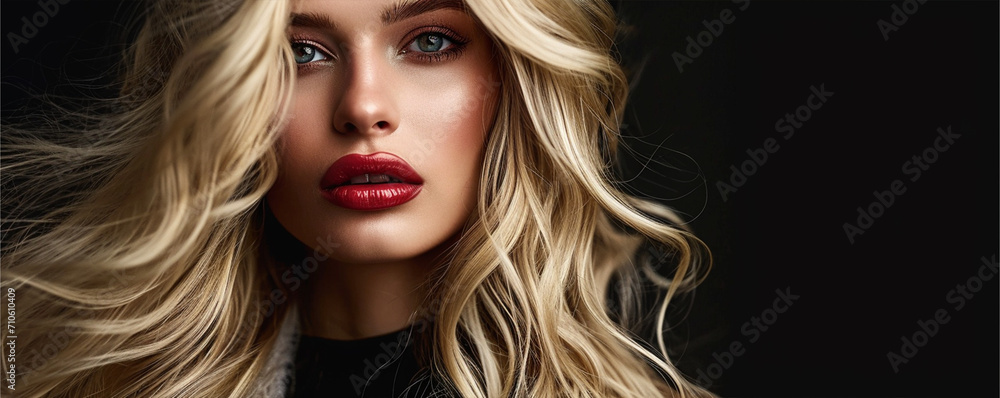 Fototapeta premium Long haired blonde model with strict face and amazing makeup, ai technology