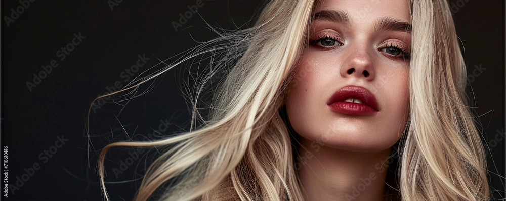 Fototapeta premium Long haired blonde model with strict face and amazing makeup, ai technology